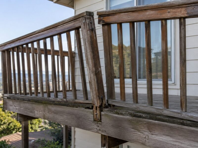 Weathered wooden deck railing with a split, leaning guard post on a second-story balcony