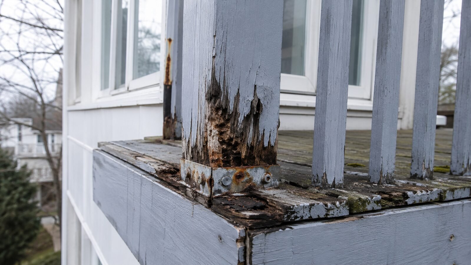 Peeling painted deck railing post with rot at the base and a corroded steel bracket