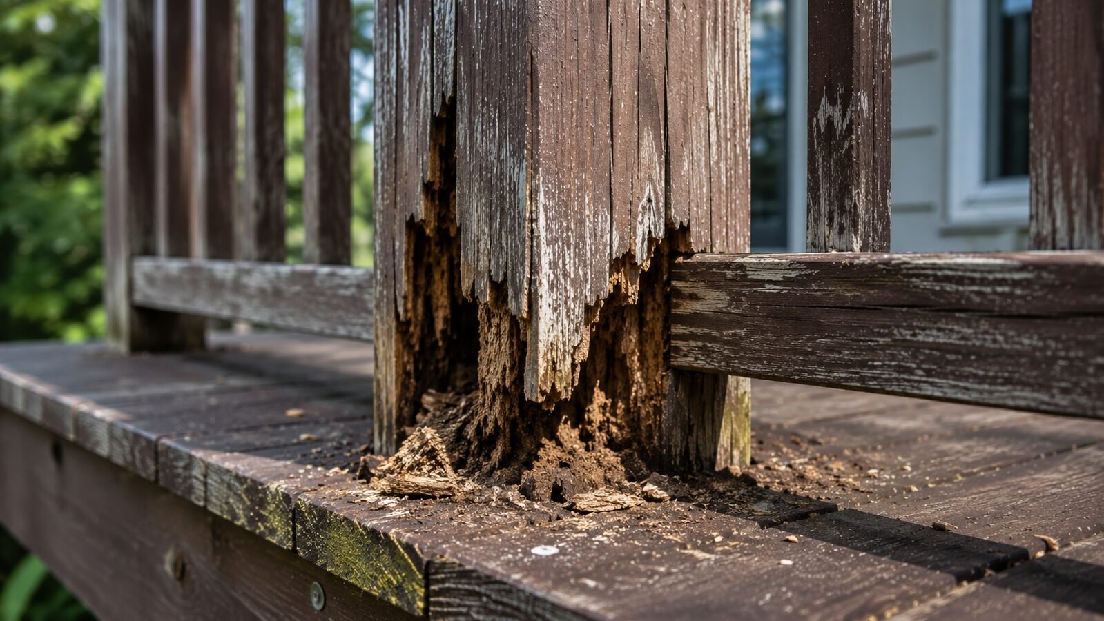 Rotted base of a wooden deck railing post with crumbling fibers where it meets the decking
