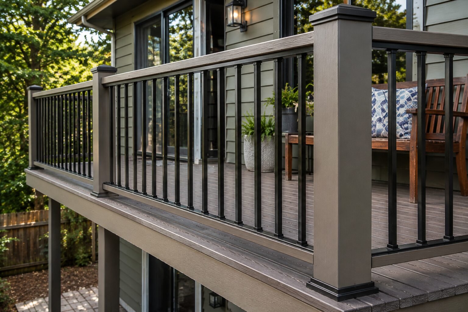 Solid composite deck railing with black metal balusters on a residential home