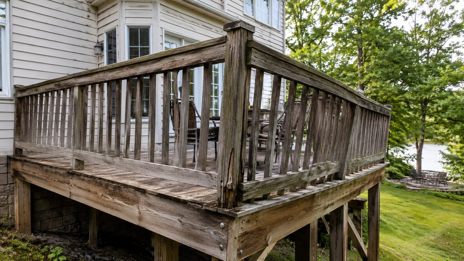 Aging elevated wood deck with a weathered baluster railing and exposed support posts