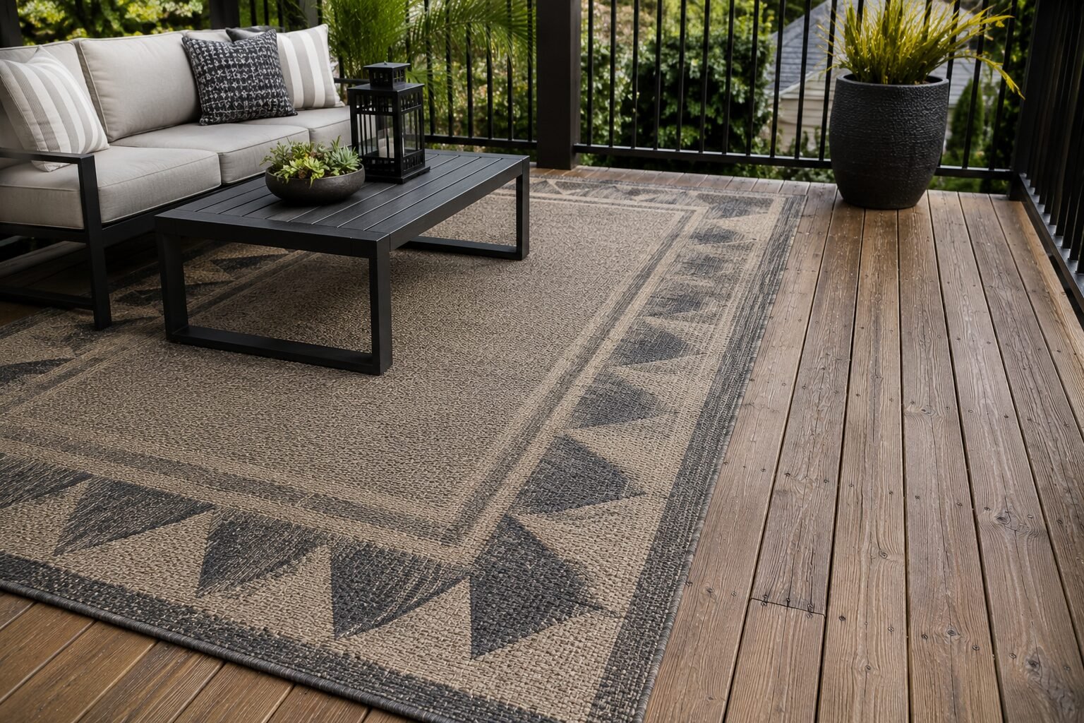 Flat-woven outdoor rug under patio furniture on a wooden deck with a metal railing