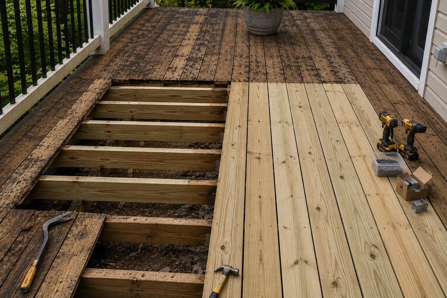 Deck repair in progress: rotted boards removed to expose the joists while new pressure-treated boards go down