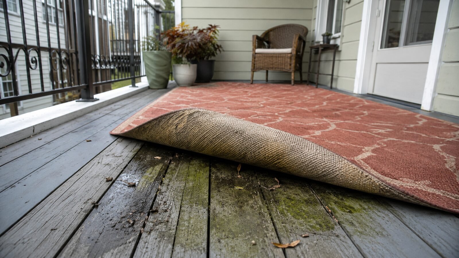Red outdoor rug folded back on a porch deck, showing dark moisture stains and green mildew on the boards