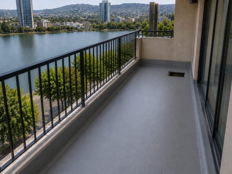 Recoated condominium balcony with corrected slope and new drainage edge