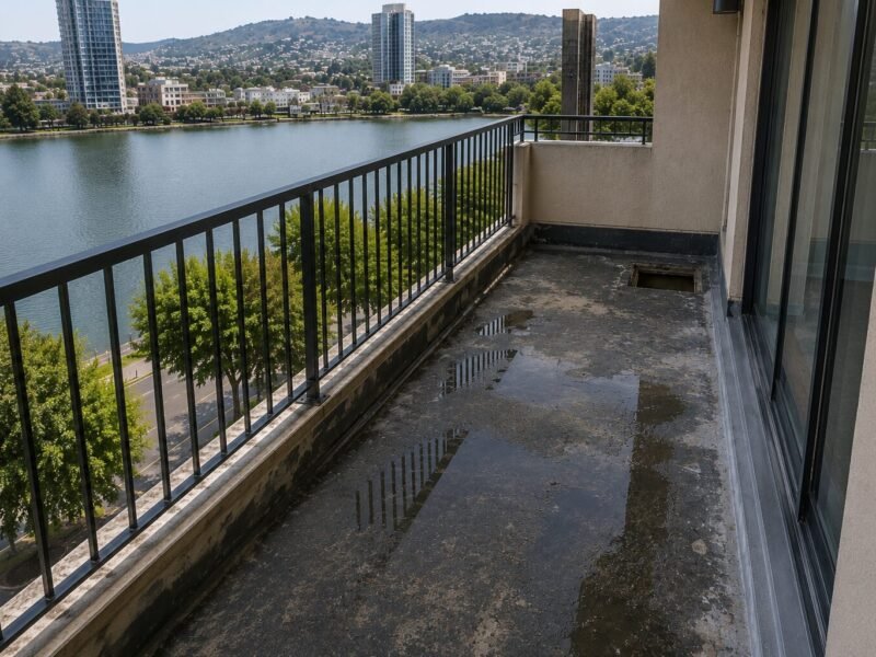 Ponding water and chalked coating on an Oakland condominium balcony before repair
