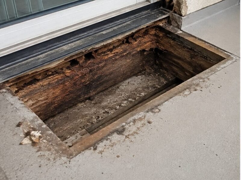 Exploratory opening revealing wet ledger framing at a balcony door threshold