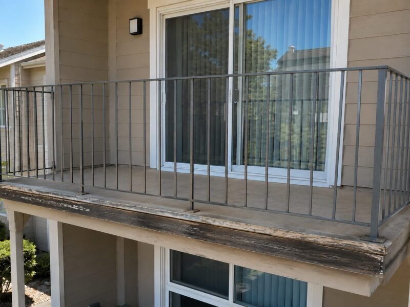 Loose guardrail post at a Lincoln condominium balcony with decayed blocking exposed