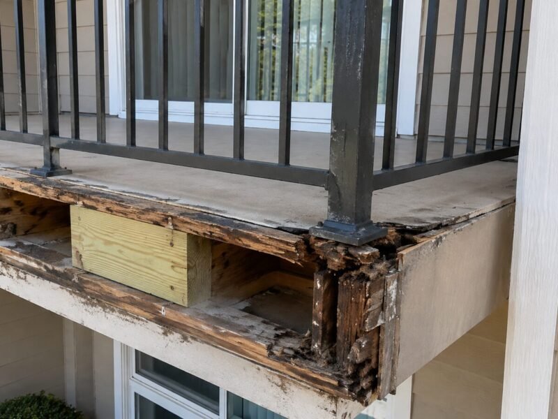 1996-era balcony guard with baluster spacing wider than current code allows