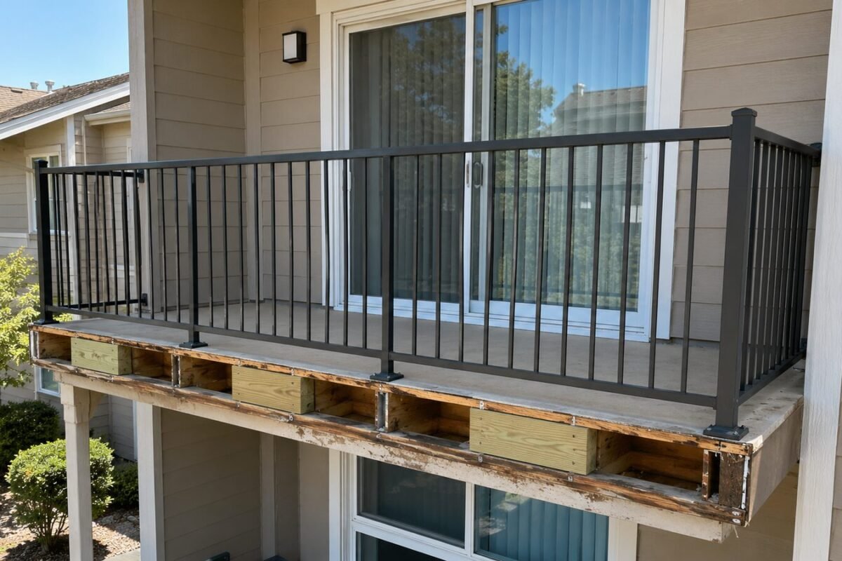 Balcony guardrail replacement in progress at a 55+ condominium community in Lincoln, CA