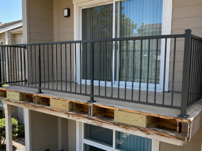 Balcony guardrail replacement in progress at a 55+ condominium community in Lincoln, CA