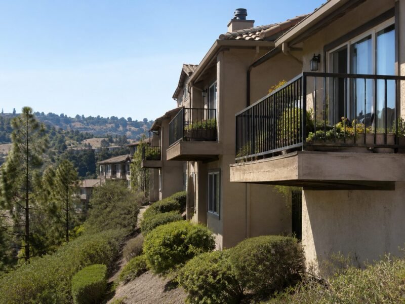 Hillside condominium buildings with cantilevered balconies in El Dorado Hills, CA during SB 326 repair