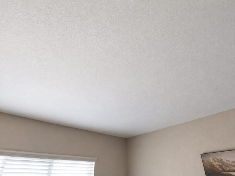 Repaired and repainted ceiling in the unit below after the threshold rebuild