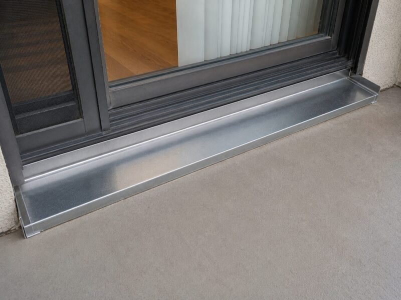 New sheet-metal pan flashing with end dams installed beneath a balcony door threshold