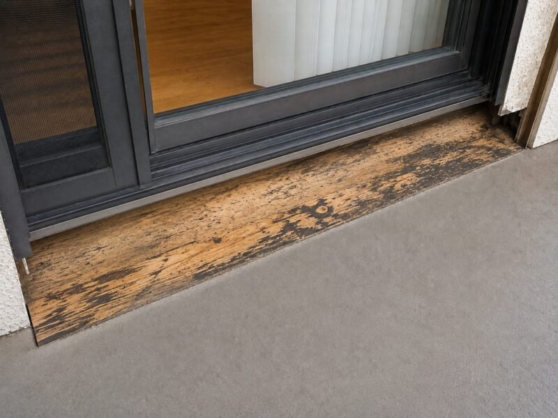 Balcony sliding door threshold sitting directly on deck substrate with no pan flashing