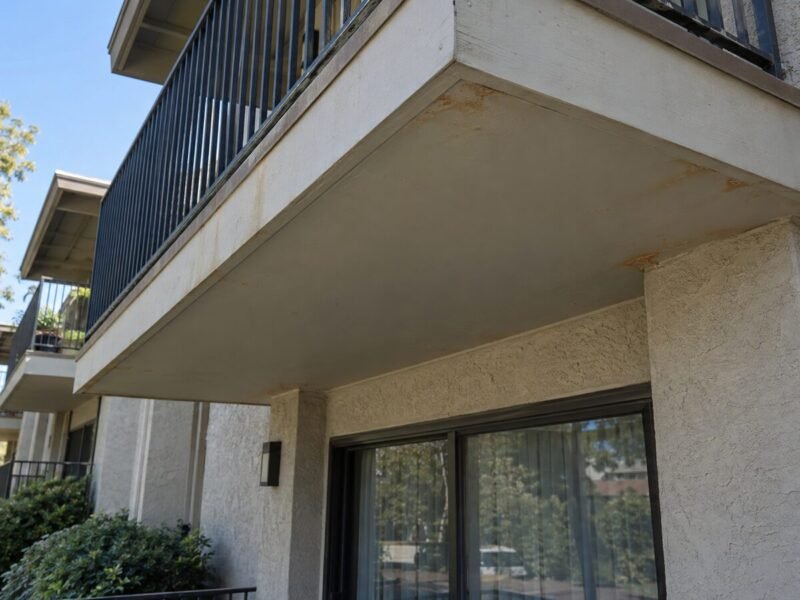 Rust staining on a balcony soffit, the only visible sign of connector corrosion