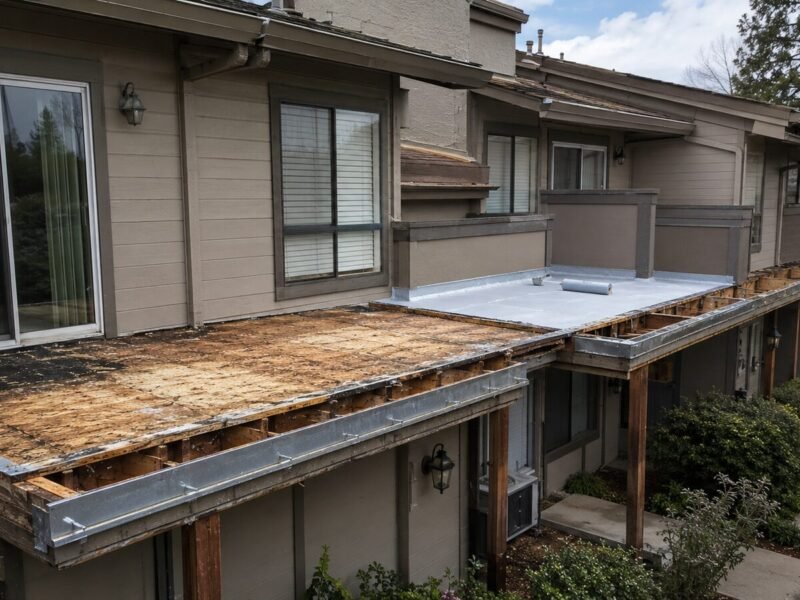 Townhome community decks in Rocklin, CA during SB 721 waterproofing reconstruction