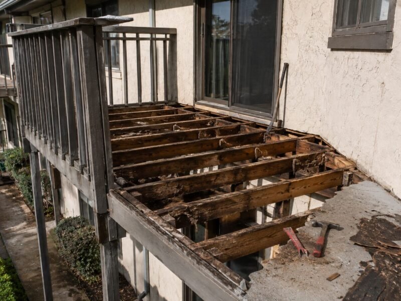 Fresh deck coating peeling back to reveal delaminated plywood at a Carmichael apartment
