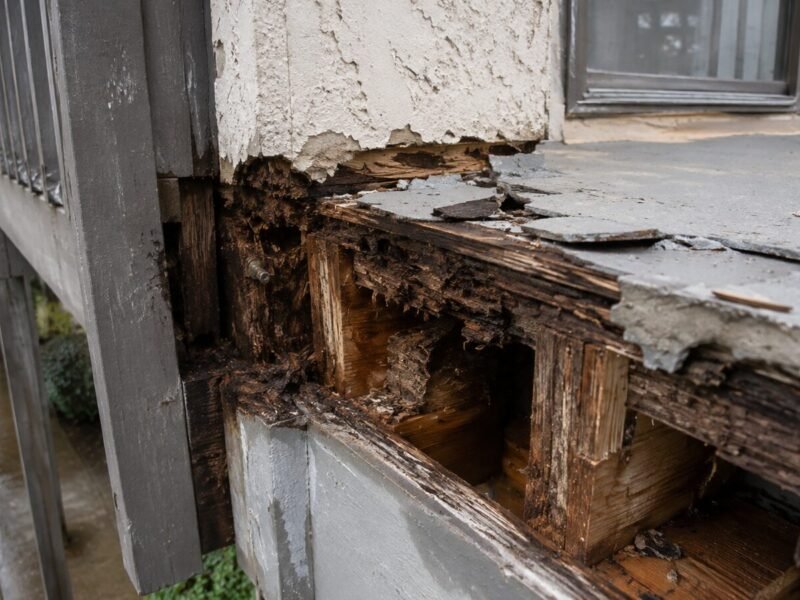 Rotted ledger blocking exposed behind a recently coated deck edge