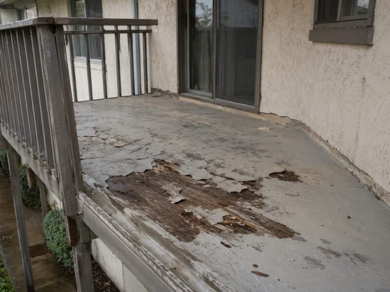 ABD crew removing a failed deck coating down to bare framing at a Carmichael apartment building