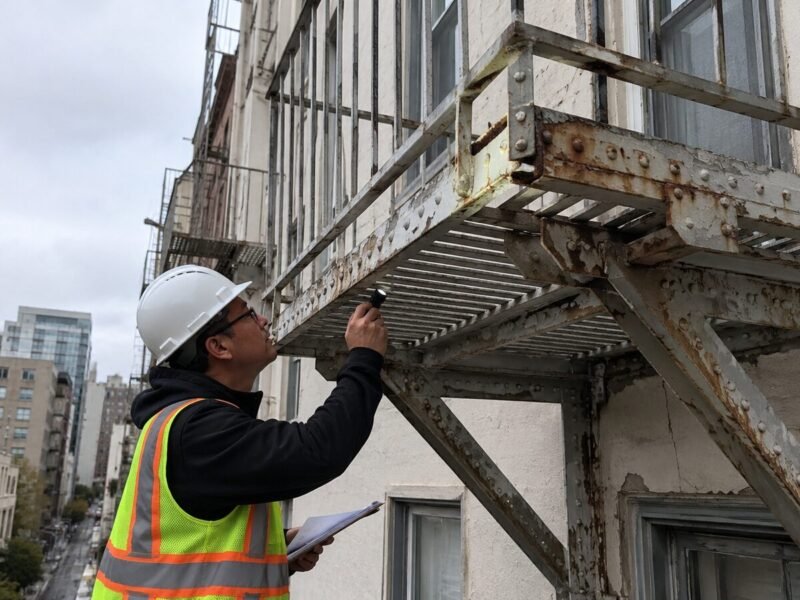 ABD inspector examining a steel fire escape landing during a Section 604 inspection in San Francisco