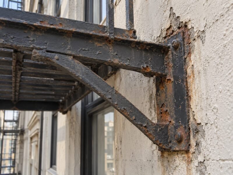 Corroded fire escape landing bracket with section loss beneath old paint at a North Beach hotel