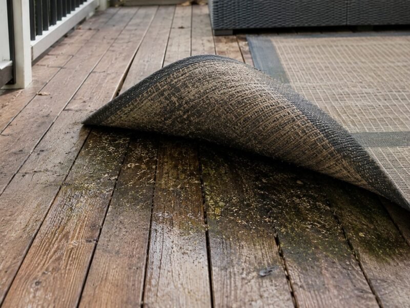 Corner of an outdoor rug lifted off a wet wooden deck, exposing mildew and debris on the boards underneath