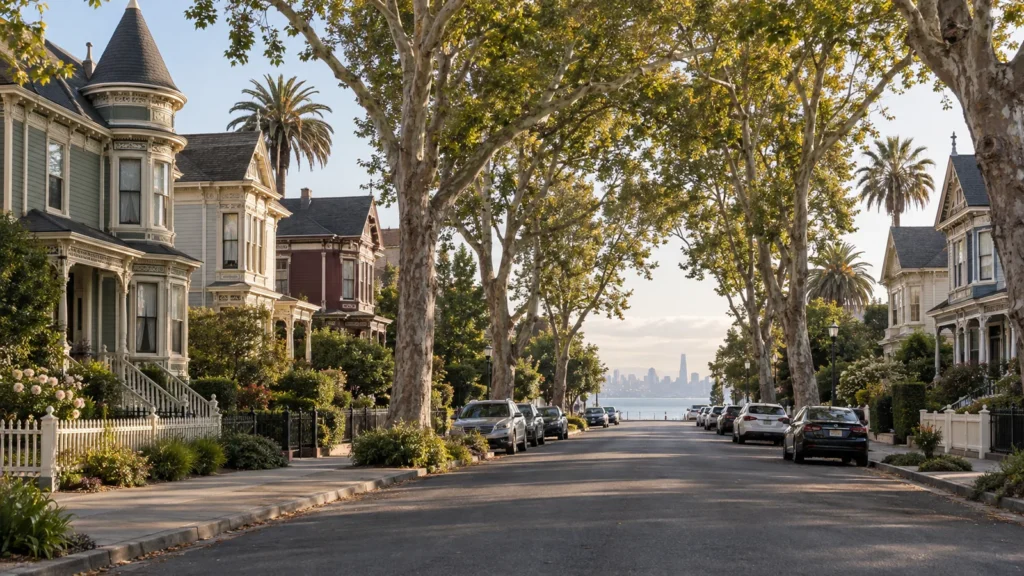 Victorian houses and plane trees along a residential street in Alameda, CA, with the San Francisco skyline across the bay