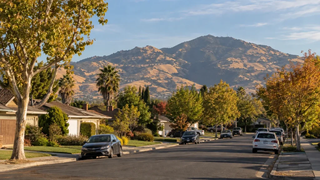 Mount Diablo above a street of single-story homes and autumn trees in Concord, CA